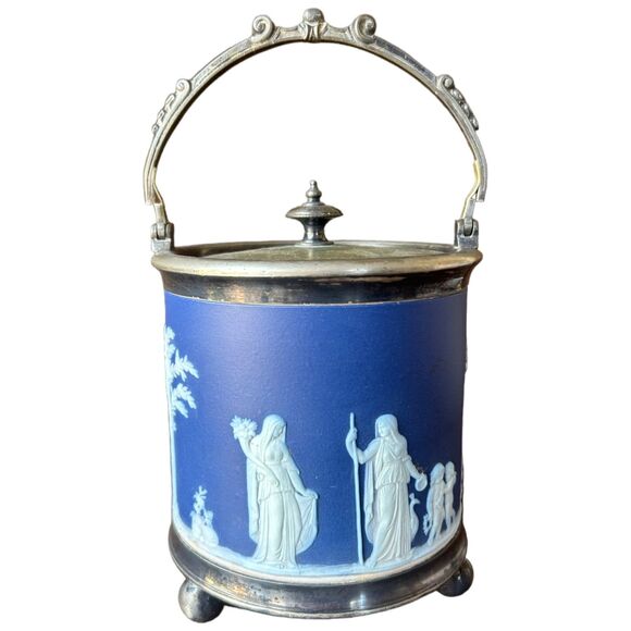 Vintage Wedgwood Dark Blue Jasperware Biscuit Cookie Jar Barrel